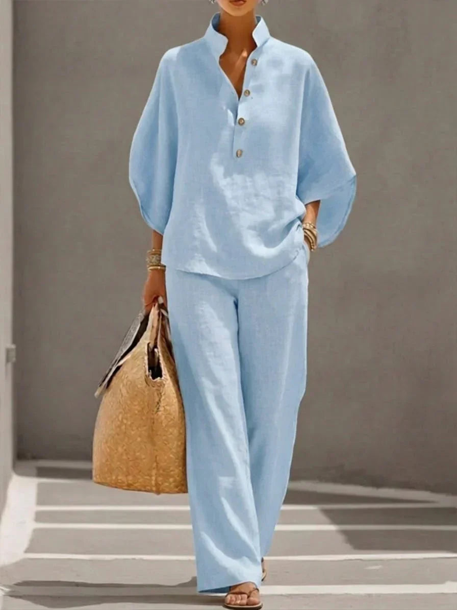 マリベル™｜リネン風バットウィングスリーブ ワイドパンツセット